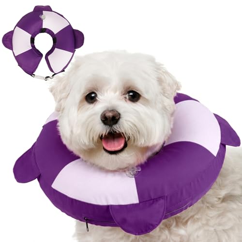 Inflatable Dog Cone for Small Dogs- Adjustable Neck Recovery ECollar,Lightweight Donut Collar After Surgery Anti-Licking & Biting,Waterproof Easy to Clean (Purple,M) - color: Purple, size: Medium