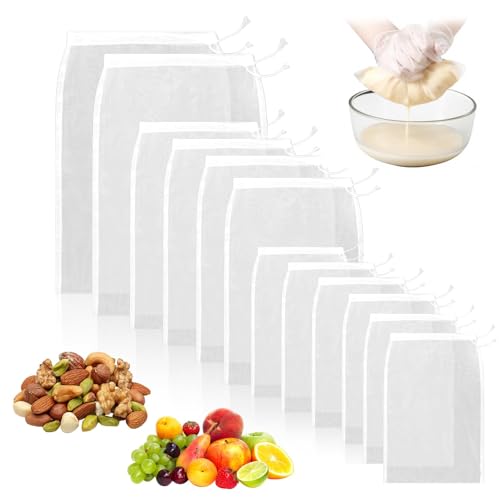 Cheese Cloth Bag For Straining Reusable Nut Milk Bags Nylon Washable Fine Mesh Strainer Bags for for Almond Yogurt Juice Cheese Making Cold Brew Coffee Beer Tea (15Pcs（3 Size）)