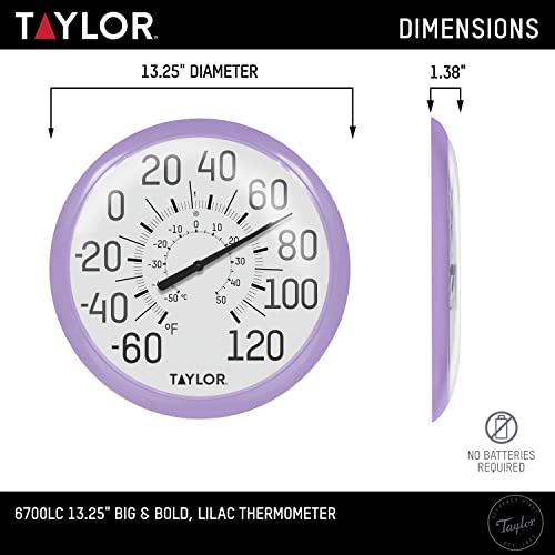 Taylor Big and Bold Wall Dial Thermometer, Indoor Outdoor Thermometer, Wireless Thermometer with Easy to Read Numbers for Patio, Pool, Garage and Indoor Areas, 13.25-inch, Lilac (Pack of 4) - color: Lilac, size: 13.25 inches (Pack of 4)
