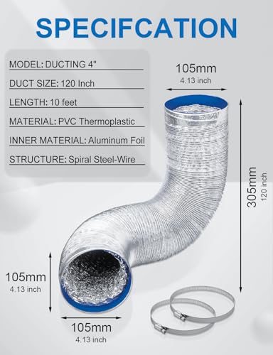 Wathai 4 Inch Flexible Dryer Vent Hose 10ft Ducting Kit for Tight Spaces | for Tight Spaces Crush-Resistant Exhaust Hose with 2 Clamps, Ventilation Duct for Dryer and HVAC Systems - style: 4Inch Duct 10FT