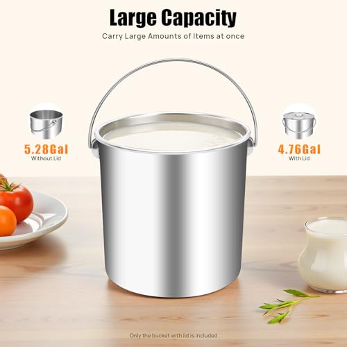 20L/5.2 Gal Stainless Steel Bucket with Lid & Handle, Silver Milk Pail | Metal Bucket Multipurpose Storage Container for Pet Food Rice Sand Ice - size: 20L
