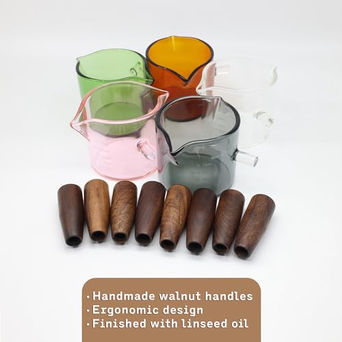 Handmade Espresso Shot Glass Double Spouts 3.5oz with American Walnut Handle, Espresso Measuring Cup, Double Spout Glass Measuring Cup, Milk Frothing Pitcher - color: Clear