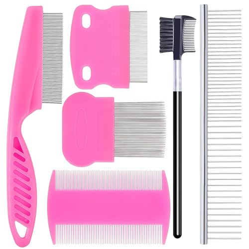 6 Pack Pet Grooming Combs, Stainless Steel Dog and Cat Grooming Combs with Rounded Teeth, Double-Sided Professional Pet Tear Stain Remover for Small, Medium, and Large Pets (Pink) - style: Pink