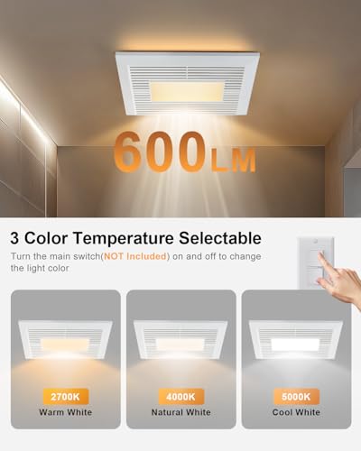 GROWNEER Bathroom Exhaust Fan with Light, 35W Exhaust Fan with Humidity Sensor-30%/60%/80% Adjustable, 110 CFM 1.0 Sone Bathroom Fan with Light, 600lm 2700K/4000K/5000K Adjustable, 7.68 x 9.25 inch - color: 3CCT&Humidity Adjustable