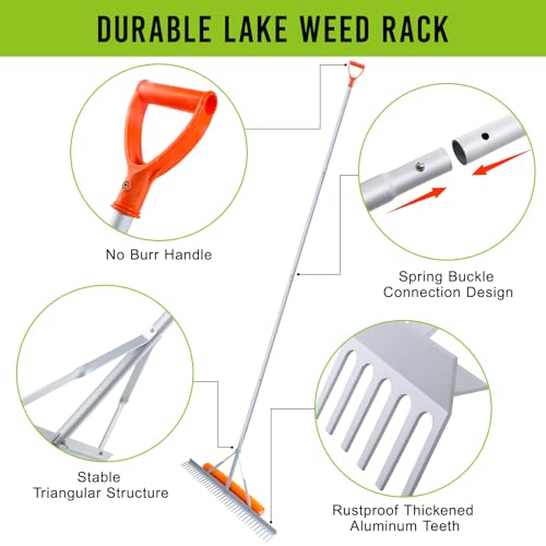 Floating Weed Lake Rake, 36 Inch Widths Pond Rake Aquatic Weed Rake, 133 Inch Extensible Multifunctional Folding Weeding Rakes, Aluminum Landscape Rakes with 49.2 FT Rope - style: 36 Inch Landscape Rake Set