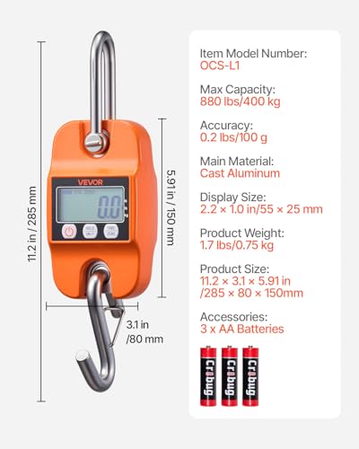 VEVOR Digital Crane Scale, 880 lbs/400 kg, Industrial Heavy Duty Hanging Scale with Cast Aluminum Case & LCD Screen, Handheld Mini Crane with Hooks for Farm, Hunting, Fishing, Outdoor, Garage (Orange) - style: 880 lbs/400 kg