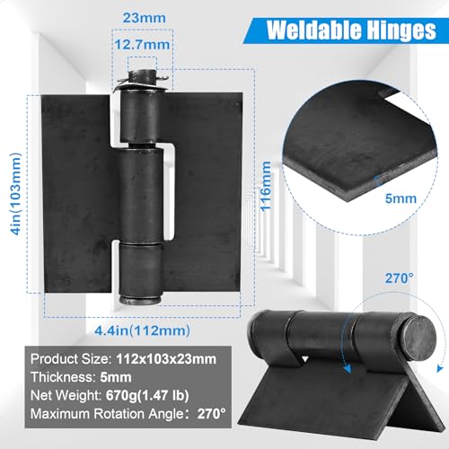 Weld On Hinges Extra Heavy Duty 4.4" x 4" Weldable Metal Butterfly Hinges Solid Steel Welding Butt Hinge Thickness 5mm for Heavy Metal Farm Garage Trailer Gates & Doors - 4 Pcs