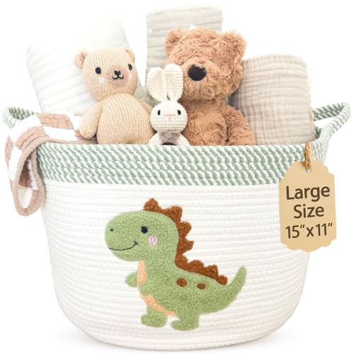 Dinosaur Baby Storage Basket, Woven Cotton Rope Nursery Bin, 15x11 in | Stuffed Animal and Blanket Storage, Soft Felt Dinosaur Patch, Baby Nursery Decor, Baby Shower, Kids Playroom Organizer - color: Dinosaur