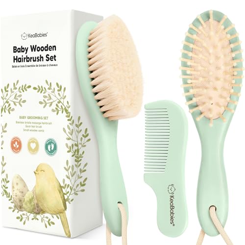 Wooden Baby Hair Brush Set for Newborns, Toddler Comb (Sage, Regular) | Soft Goat Bristle, Baby Brush and Comb Set, Infant Grooming Kit, Cradle Cap Care, Durable & Gentle, Boy, Girl Bath Essential - color: Sage, size: Oval, Regular 7"