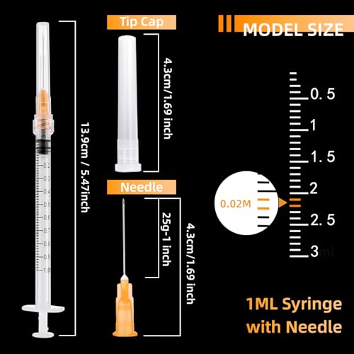 20 Pack 1ml Syringes with 25G 1 Inch Needle, Disposable Luer Lock Syringe Individually Sterile Packed for Scientific Lab, Liquid Measuring and Dispensing - size: 1CC-25G-1IN