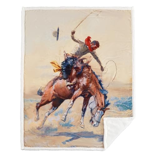 Paseo Road Indigo Hill by HiEnd Accents Buster 54x68 Cream Throw Blanket | Cowboy Horse Print, Rustic Southwestern Rodeo-Style Western Sherpa Fleece Blanket for Camping Outdoors - color: Buster
