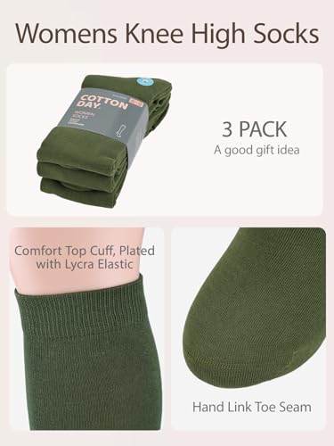 COTTON DAY Women's Soft Combed Cotton Knee High Socks Seamless Toe 3 Pack - color: Green 3 Pack, size: Medium-Large