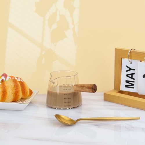 Glass Measuring Cup, 6oz Creamer Pitcher with Wood Handle | Creative Milk Frothing Pitcher Creamer Shot Glass (Transparent) - color: Transparent