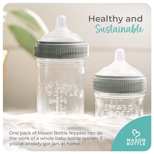 Mason Bottle Medium Flow Nipples (3–6 Months) – Silicone Baby Bottle Nipples, Fits Any Regular-Mouth Mason Jars – Wide Natural Shape, BPA-Free, Non-Toxic, Made in USA (2-Pack) | 3–6 Months Baby Bottle Anti-colic Silicone Nipples, Fits Any Regular Mouth Ma