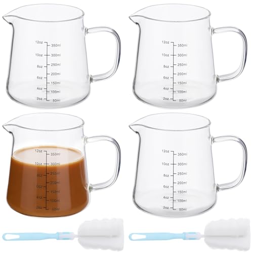 4-Pack 12oz Espresso Measuring Cups with 2 Cleaning Sponges, Heat-Resistant Glass Coffee Pitcher, Espresso Shot Glasses, Milk Frothing Pitcher, Creamer Container, Microwave/Dishwasher/Stovetop Safe
