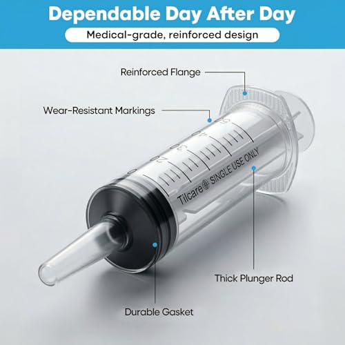 60ml Catheter Tip Syringe with Covers 5 Pack by Tilcare - Sterile Plastic Medicine Food Droppers for Children, Pets or Adults – Latex-Free Oral Medication Dispenser - Large Feeding Tube Syringes