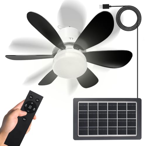 Solar Ceiling Fans with Lights Battery Built-in10000mAh Portable ,17" LED Fan Light Hanging with HookCan be timed for 2/4/8 hours, 3 Speeds with Remote , solar fans with Light for Patios, Canopy