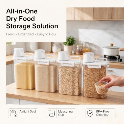 Gagee 4 Pack Airtight Rice Dispenser 3-5 Lb with Measuring Cup,Clear | Cereal Dry Food Flour Bin, Pet Dog Cat Food Dispenser, BPA Free Plastic Kitchen and Pantry Organization Bin for Sugar - color: 4Pcs Clear