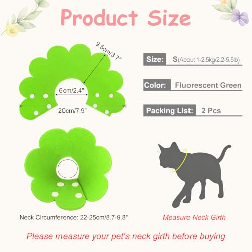 Felt Cat Recovery Collar, Cute Flower Cat Recovery Collar Adjustable Recovery Cones (2Pcs, S 6.3-7.5inch, Fluorescent Green) for Small Dogs Kittens Cats - color: Green, size: S（1-2.5 KG/2.2-5.5 lb）