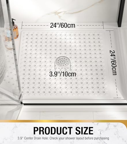 HITSLAM Non Slip Shower Mat, Square Bathtub Mat, 24x24 Inch, White | Diamond Textured PVC Bath Mat With Suction Cups, Shower Stall Mat with Center Drain Hole, Strong Grip, Machine Washable - color: White