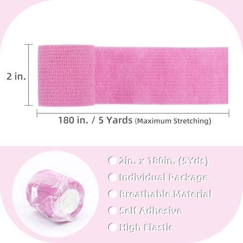 IndigoCase 24 Pack Self Adhesive Bandage Wrap 2 Inch x 5 yd Elastic Tape | Pink Color Elastic Bandage Wrap, Vet Wrap, Small Bandage for Kids, Fingertip, Wrist, Dog, Pets - color: Pink, size: 2 Inch - 24 Pack