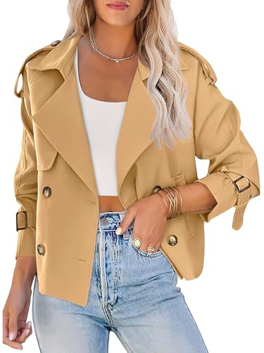 ebossy Women's Double Breasted Short Duster Trench Coat Lapel Loose Windproof Cropped Jacket Coat with Pockets - color: Khaki, size: XX-Large