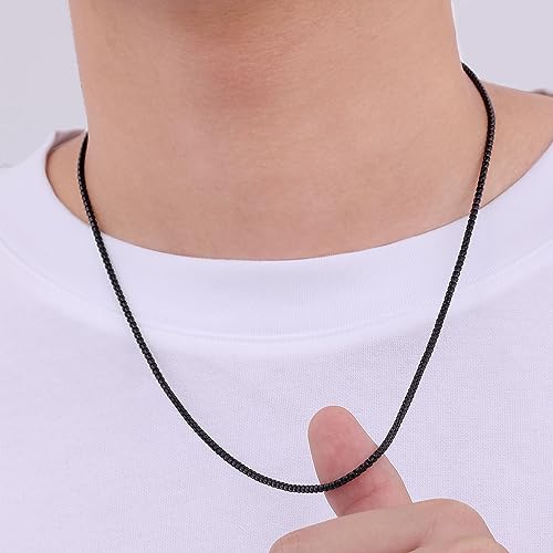 Fiusem Box Chain for Men and Women, Stainless Steel Necklace Chain | Silver Tone/14K Gold Plated/Black Mens Necklace, Width 2/2.5/3/4/5mm, Length 18-28 Inches - size: 18 Inches, style: Black 2.5MM