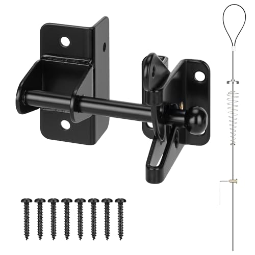 4" Self-Locking Gate Latch for Wooden Fence with Cable Pull, 1pcs | Automatic heavy duty fence latch, gravity gate latch for metal gates, secure pool garden shed, black, with spring cable pull - size: Upgrade
