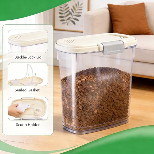 Airtight Dog Cat Pet Food Storage Container 10 Lbs, Slim Tall Dry Food Bin | Clear Plastic Pet Food Treat Container with Lid, Scoop and Cup, Food Storage Bin for Dogs, Cats, Bird Seeds, Kibble, Pellets - color: Cream White