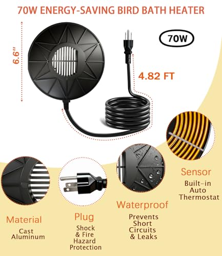 Bird Bath Heater, 70W De-Icer Submergible Deicer Birdbath Water Heater Thermostatic Control Power Saving for Birdbath Farm Livestock Drinking Outdoors in Winter - color: 70W De-Icer