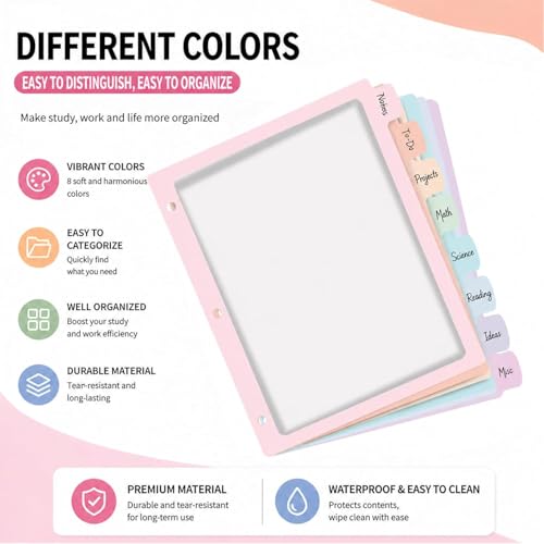 Pastel Binder Dividers, 2 Sets of 8 Tabs, Cute Pink, 3 Ring Binder | 2 sets of 8-tab pastel plastic binder dividers with large write-and-erase tabs, frosted centers, and 3-ring compatibility.