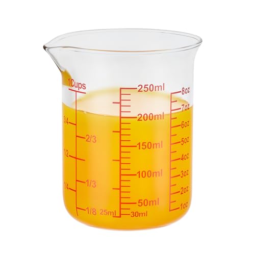 Ackers Borosilicate Glass Measuring Cup with Spout, 250 ml, 8 oz/1 Cup | Handle-free beaker shape with printed cup, oz and ml scales for cooking, baking and small-batch drink preparation - size: 1Cup,250ML