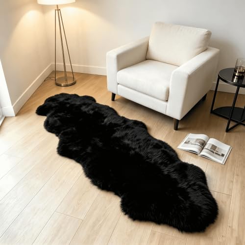 AOGELAN Fluffy Genuine New Zealand Sheepskin Rug Double Pelt/2'x 6' Black | Natural Fluffy Fuzzy Sheepskin Fur Area Rug,Chair Sofa Seat Cover,Living Room,Bedroom,Pets Dogs Mat,Pray Pup Mat,Yoga Mat - color: Black, size: 2' x 6' (Double Pelt)