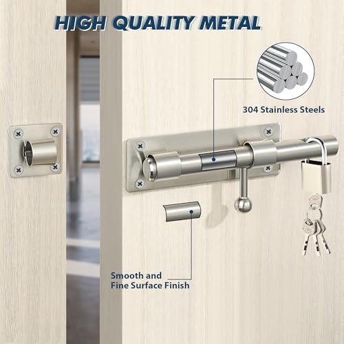 Alise 6 inch Barrel Bolt Latch,Heavy Duty Slide Lock for Barn Door | Brushed Nickel SUS304 Stainless Steel Padlock-Style Slide Bolt Latch,Security Gate Latch for Wooden Fence,Outdoor Door - color: Brushed Nickel, size: 6 Inch