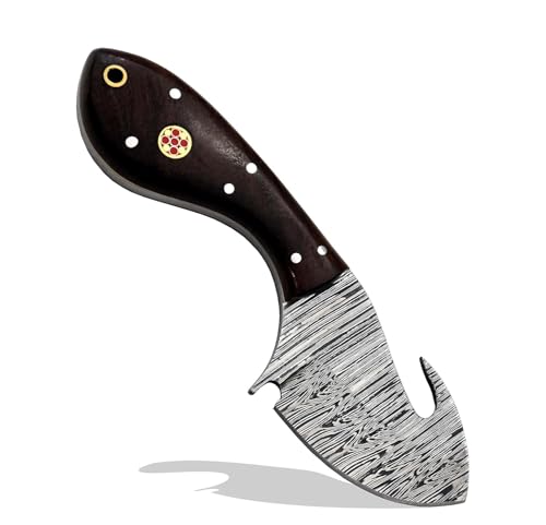 Hercules Custom Hand Forged Damascus Gut Hook Knife with Leather Sheath, Skinning Knife, Fixed Blade Hunting, Camping, Bushcraft, Survival, Outdoor Knives, Walnut Handle (FBK-05) - color: FBK-E