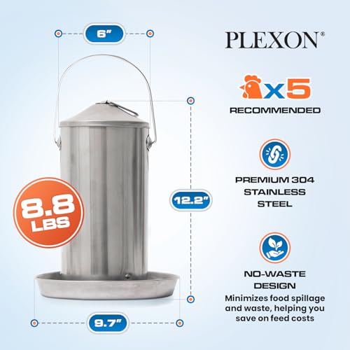 Plexon 8.8 Lb Hanging Chicken Feeder Metal Chicken Feeder with Handle no Waste Food - Stainless Steel - Turkey Duck Poultry Feeder - Heavy Duty Feeding Equipment - Backyard Coop - Large - size: 8.8 LB