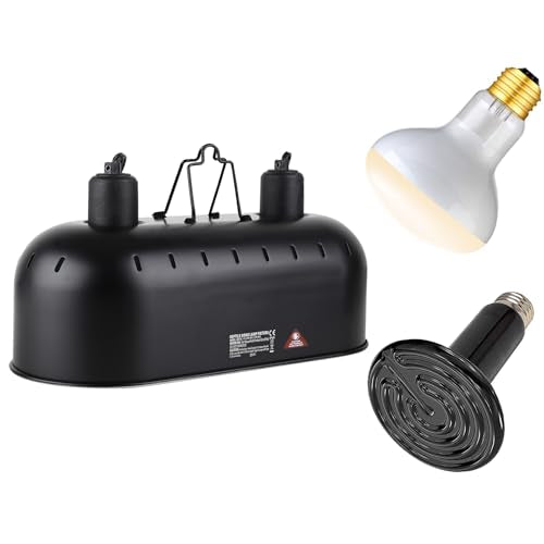 DXOPHIEX Dual Reptile Light Fixture Reptile Heat Lamp Fixture | 150W Intense Basking Bulb & Ceramic Heat Emitter, Double Dome Heat Lamp, For Lizard, Gecko, Bearded Dragon, Tortoise, Snake - style: 15inch with 150W Basking Bulb&Ceramic Heat Emitter