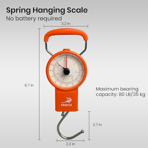 Pristis Fishing Hanging Scale with Tape Measure for Farm Kitchen Luggage | 80 LBs Fish Weight Analog Spring Hook Crane Scale Kit with Non-slip Large Handle, Portable Gear Equipment Weighting Accessory
