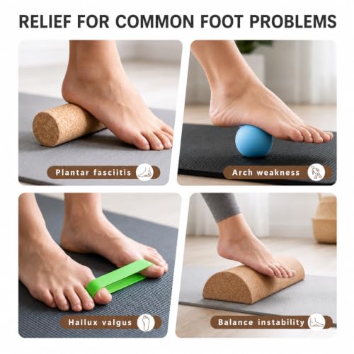 Cork Balance Board 4-in-1 Foot and Ankle Strengthener Kit | Natural cork kit with roller, ball, toe bands, guide and log for foot strength, ankle stability, mobility and balance