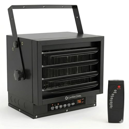Comfort Zone Hard-Wired Ceiling Mount Garage Space Heater with Remote, 7,500 Watt, 240 Volt, Fan-Forced, Overheat Protection, Digital Thermostat, 12-Hour Timer, Ideal for Garage & Workshop, CZ230ERBK | Digital thermostat, 12-hour timer, and remote control