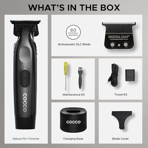 Cocco Veloce Pro Trimmer, Digital Gap Ambassador DLC Blade Edger | High-Torque Brushless BLDC Motor, Cordless, All-Metal Design, Lithium-Ion Battery, Charging Base Included