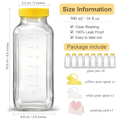 Reusable Glass Juice Bottles with Airtight Lid, 16 oz Glass Pitchers with Pour Dispenser, 500ml Milk Storage Containers for Fridge, Water Bottles for Travel - size: 8 pack