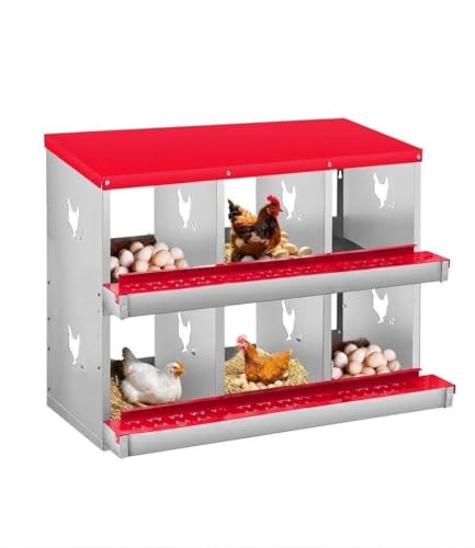 6 Compartment Chicken Nesting Box, Heavy Duty Metal Laying Box with Perch, Easy Assembly & Easy Clean for Outdoor Chicken Coop, Red - color: Red, size: 6 Compartment
