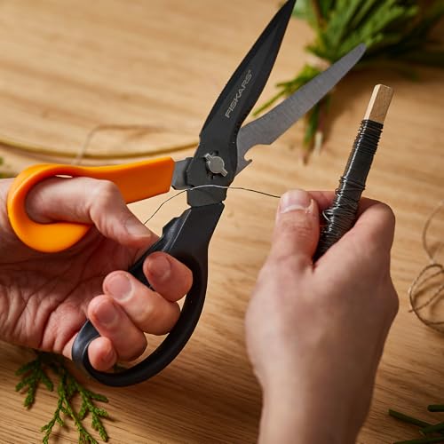 Fiskars 9" 7-in-1 Heavy-Duty Garden Scissors Multi-Tool with Sheath | Take-Apart Shears with Power Notch, Wire & Twine Cutter, Pointed Awl Tip, Bottle Opener, Sheath with Tape Cutter & Sharpener - style: Scissors