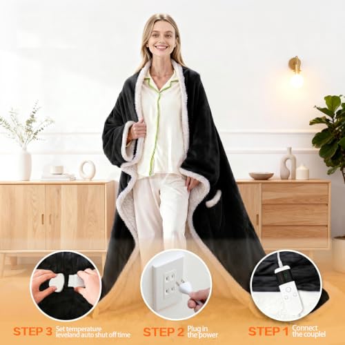 Wearable Heated Blanket With Sleeves & Foot Pocket, Heated Throw Blankets Fast Heating Blanket With 10 Heat Settings Auto Shut Off Over-Heat Protection-Warm Gift, Machine Washable, 52”*72”+18” - color: Black
