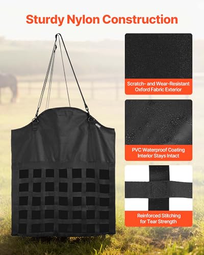 VEVOR Hay Bag for Horses, 21.65 x 7.28 x 25.2 in, 1.81 x 1.81 in Holes, Premium Nylon Construction with PVC Waterproof Coating, Adjustable Hanging Straps and Metal Hooks, Slow Feed Hay Bag for Horses - size: 21.65 x 7.28 x 25.2 in