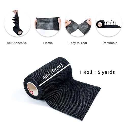 Carbou Self Adhesive Bandage Wrap 4" x 5yd 8ct Vet & Athletic Black | Vet Wrap Elastic Cohesive Bandage Self Adherant Non-Woven Wrap for Wrist, Ankle, Hand,First Aid Medical Stretch Wrap - color: Black, size: 8 Count (Pack of 1)