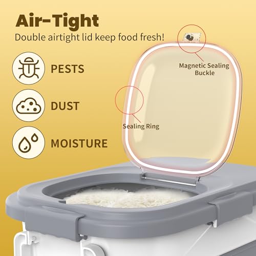 HOYTAMDA 20-30Lbs Collapsible Rice Container,Food Storage Containers Wheels | Rice Storage Container with Airtight Clear Lid,Handle,Small Bin &Scoop,Rice Dispenser for Flour Sugar Cereal Dog Cat Food - color: Grey-20/30lbs