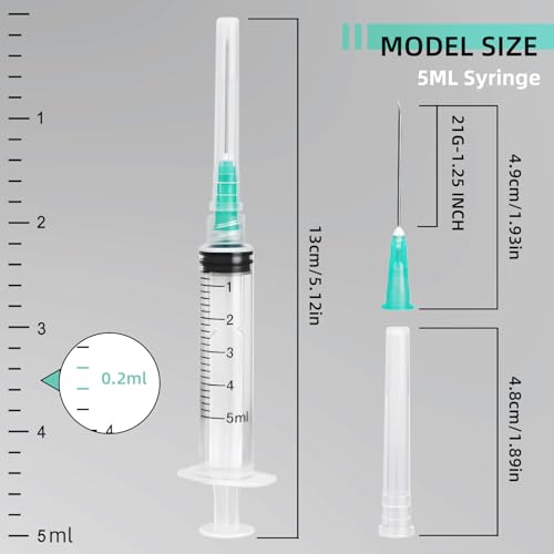 20 Pack 5ml Syringes with 21G 1.25 Inch Needle, Disposable Luer Lock Syringe Individually Sterile Packed for Scientific Lab, Liquid Measuring and Dispensing - size: 5CC-21G-1IN