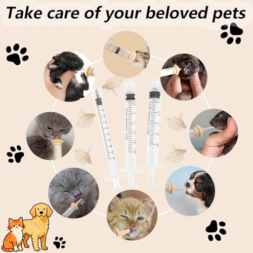 Pet Feeder Syringe, Newborn Animal Feeder Syringe Individually Wrapped, 1ML/3ML/5ML Pet Feeding Nursing Syringe with 5 Nipple, Silicone Pet Feeding Nipple for Kitten Puppy and Small Animals